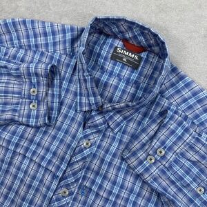Simms Fishing Shirt Men XL Blue Plaid Long Sleeve Ventilated Technical Button Up